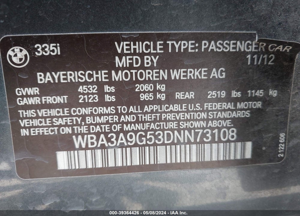 2013 BMW 335I VIN: WBA3A9G53DNN73108