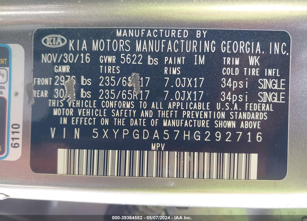 2017 KIA SORENTO 3.3L LX VIN: 5XYPGDA57HG292716
