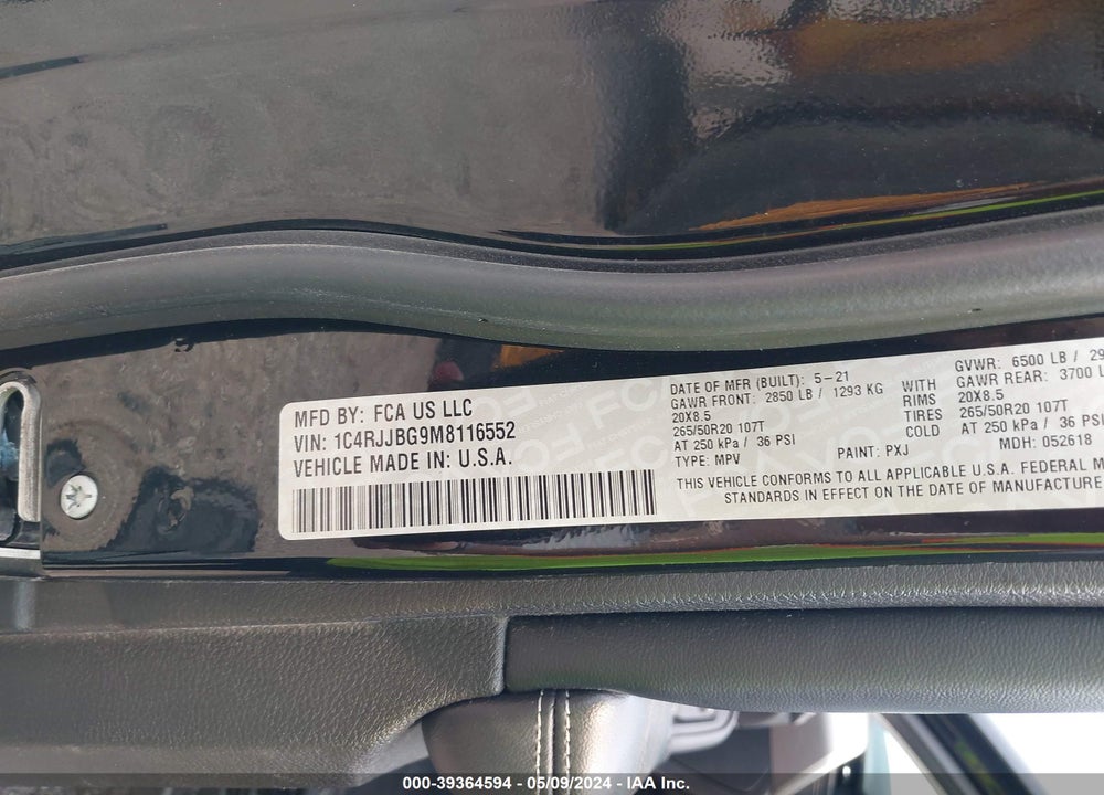 2021 JEEP GRAND CHEROKEE L LIMITED 4X2 VIN: 1C4RJJBG9M8116552