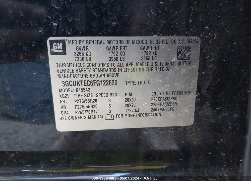2015 CHEVROLET SILVERADO 1500 HIGH COUNTRY VIN: 3GCUKTEC6FG122639