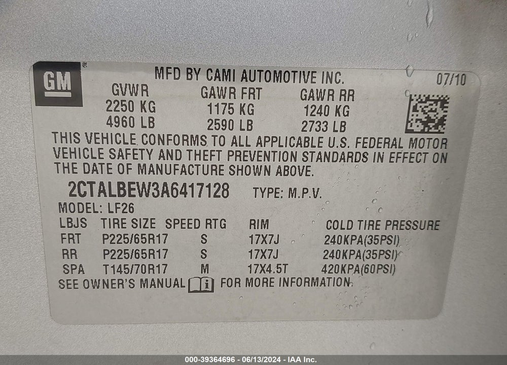 2010 GMC TERRAIN SLE-1 VIN: 2CTALBEW3A6417128