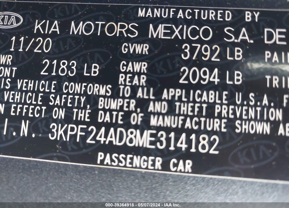 2021 KIA FORTE LXS VIN: 3KPF24AD8ME314182
