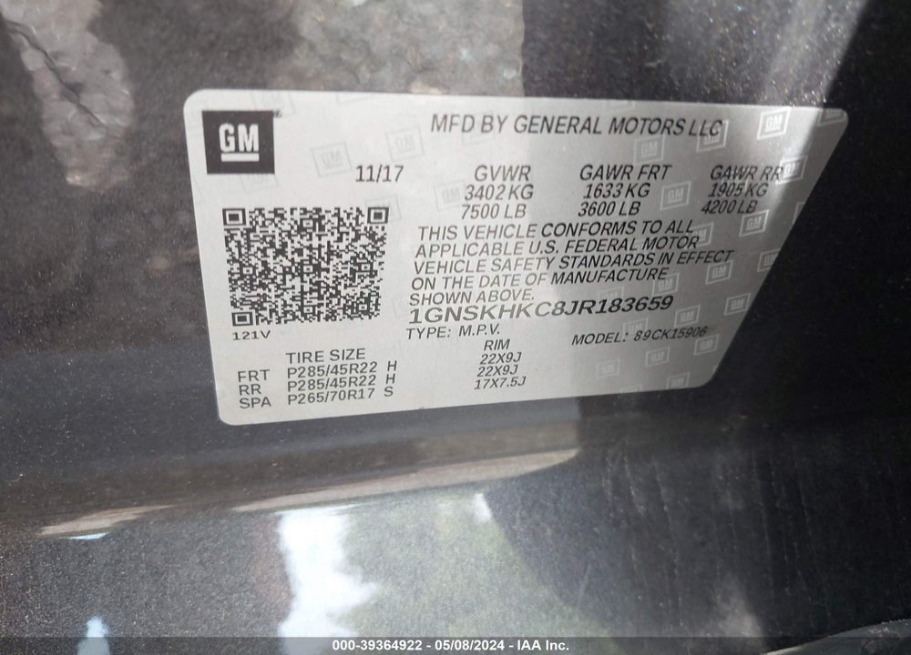 2018 CHEVROLET SUBURBAN LT VIN: 1GNSKHKC8JR183659