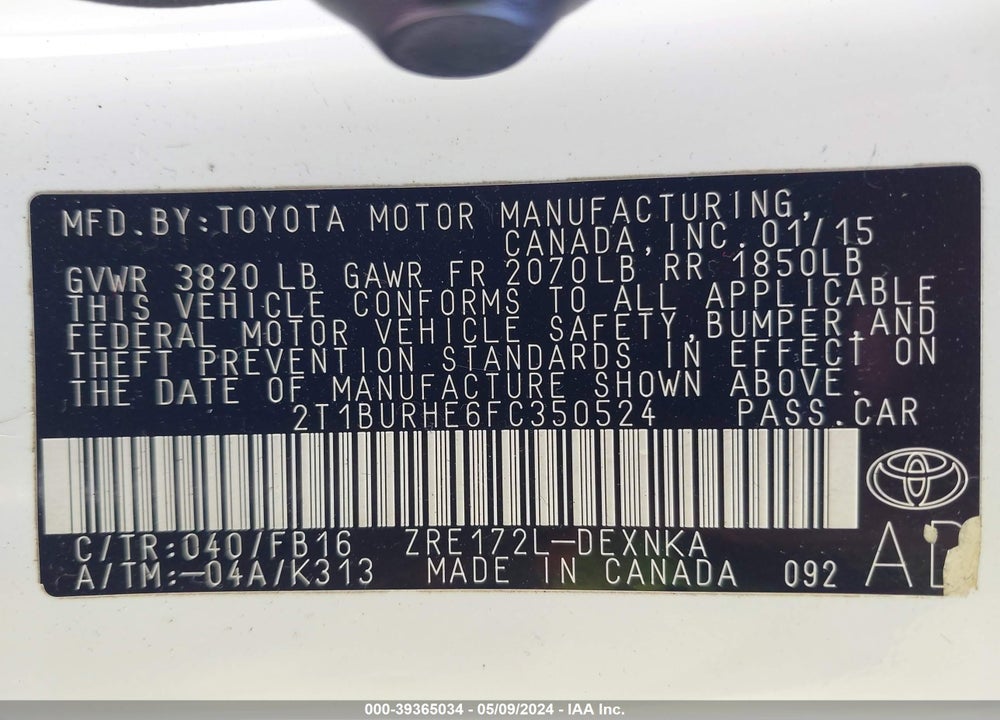 2015 TOYOTA COROLLA LE VIN: 2T1BURHE6FC350524