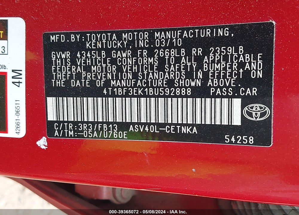 2011 TOYOTA CAMRY LE VIN: 4T1BF3EK1BU592888