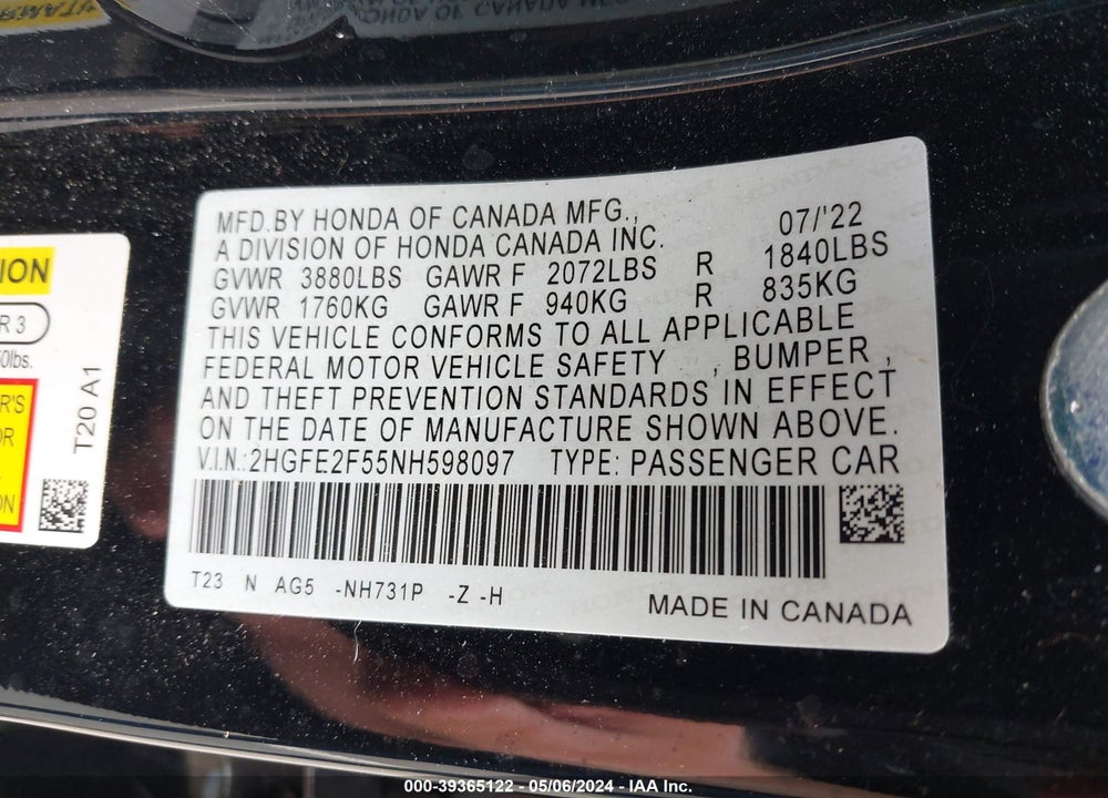 2022 HONDA CIVIC SPORT VIN: 2HGFE2F55NH598097