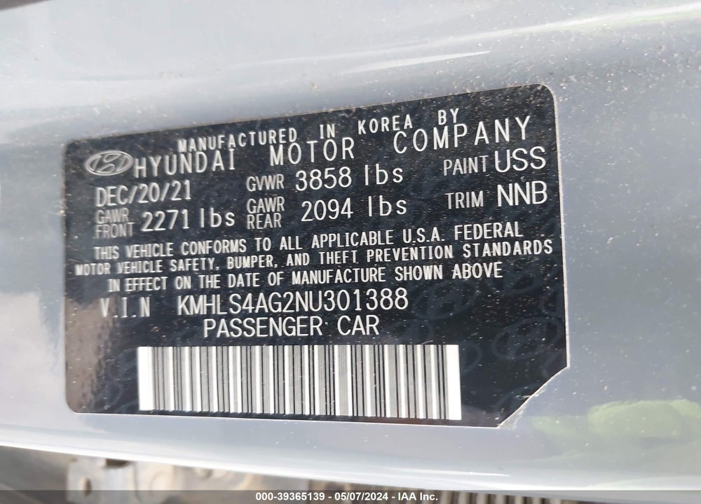 2022 HYUNDAI ELANTRA SEL VIN: KMHLS4AG2NU301388