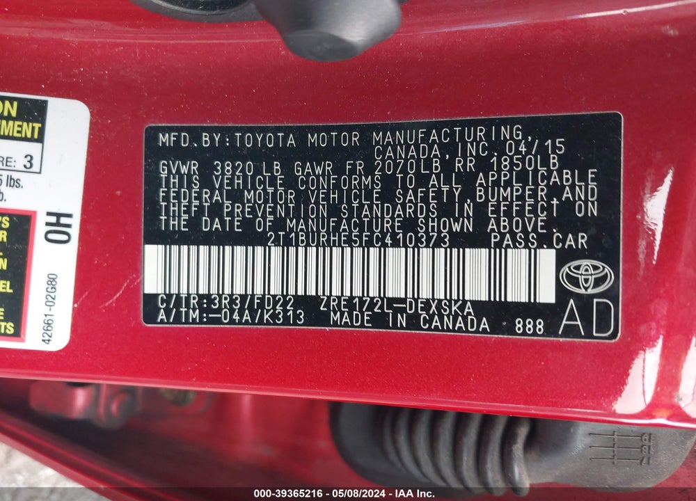 2015 TOYOTA COROLLA S PLUS VIN: 2T1BURHE5FC410373
