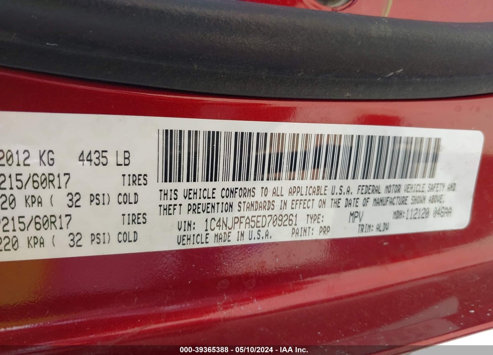 2014 JEEP PATRIOT HIGH ALTITUDE VIN: 1C4NJPFA5ED709261
