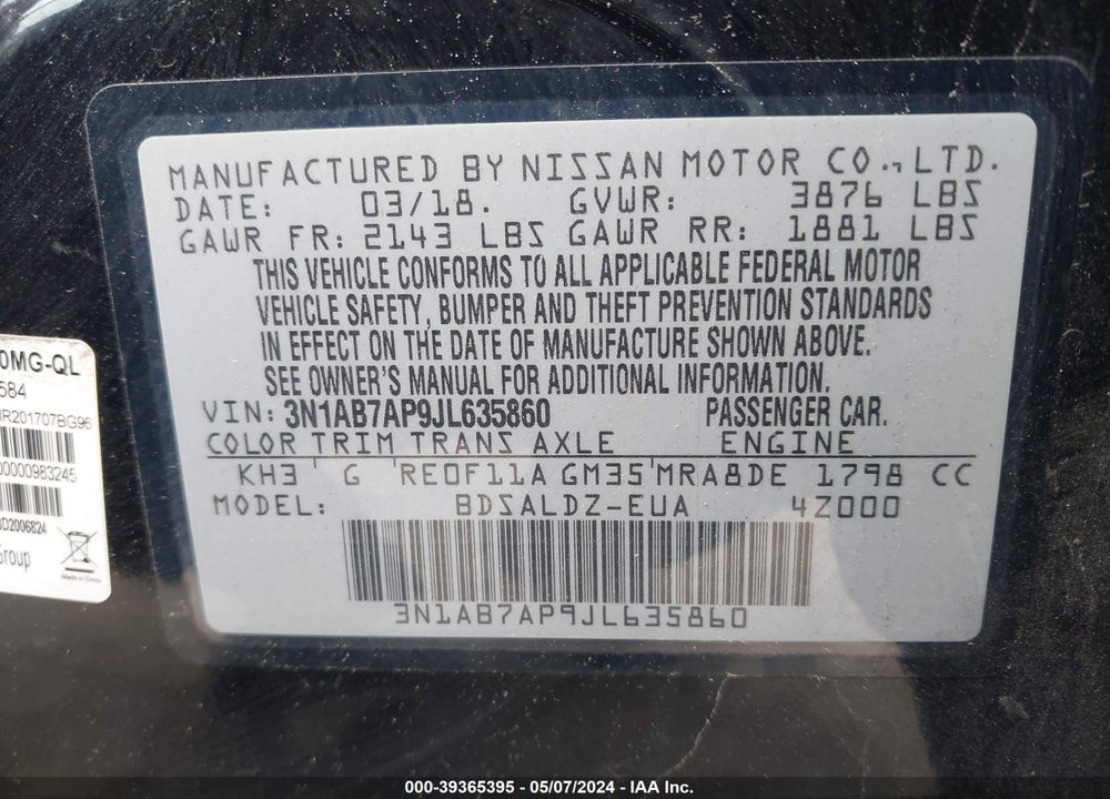 2018 NISSAN SENTRA VIN: 3N1AB7AP9JL635860