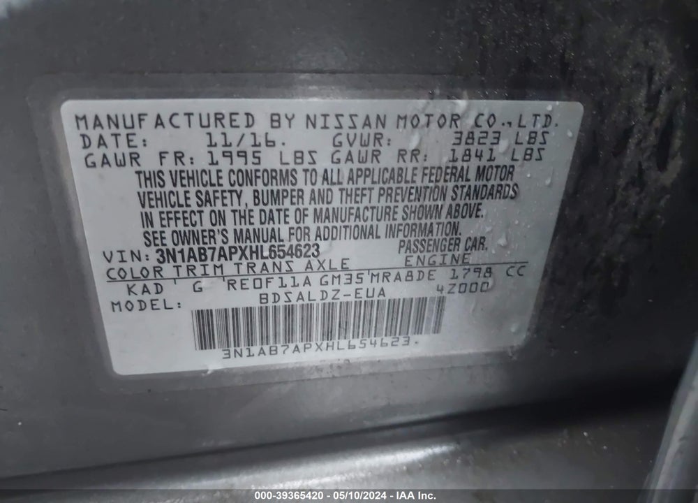 2017 NISSAN SENTRA SV VIN: 3N1AB7APXHL654623