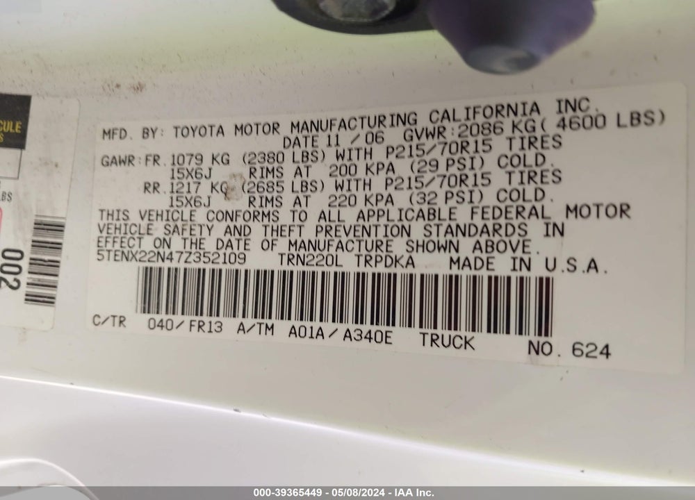 2007 TOYOTA TACOMA VIN: 5TENX22N47Z352109