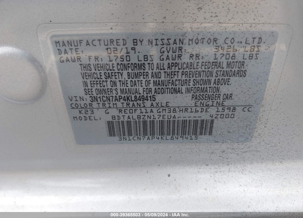 2019 NISSAN VERSA 1.6 SV VIN: 3N1CN7AP4KL849415