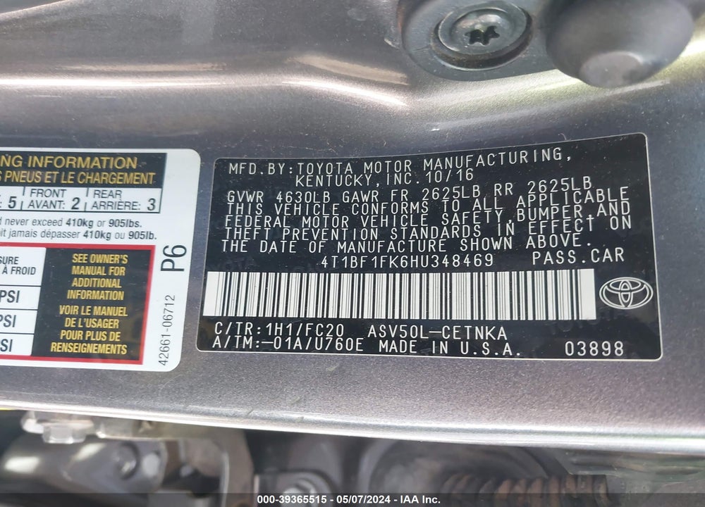 2017 TOYOTA CAMRY VIN: 4T1BF1FK6HU348469