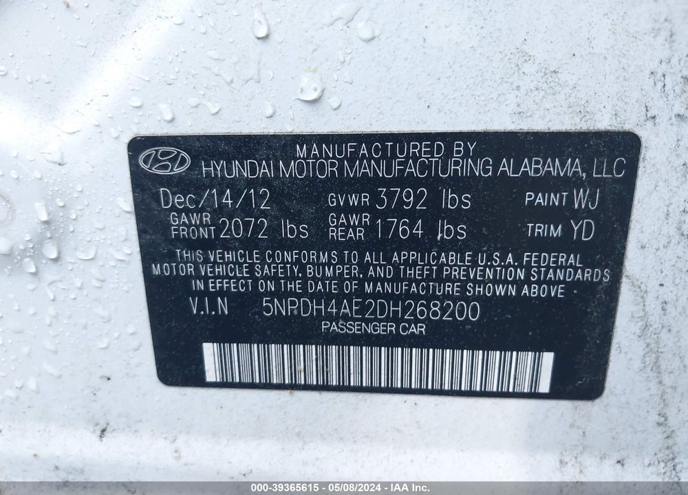 2013 HYUNDAI ELANTRA GLS VIN: 5NPDH4AE2DH268200