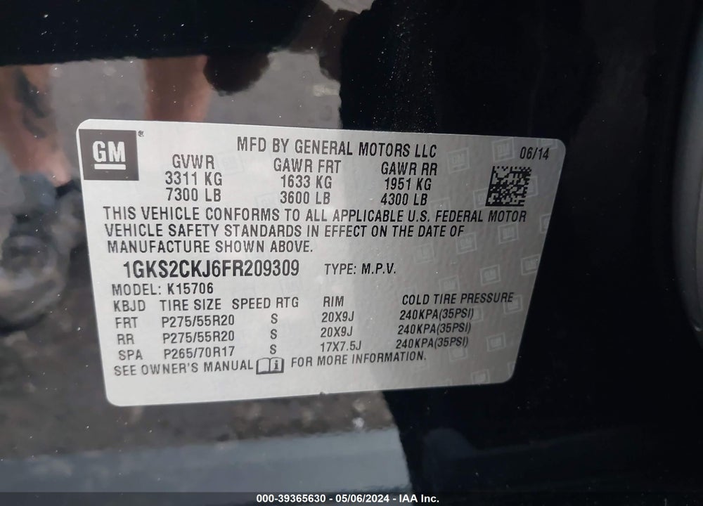 2015 GMC YUKON VIN: 1GKS2CKJ6FR209309
