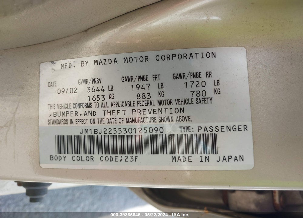 2003 MAZDA PROTEGE DX/ES/LX VIN: JM1BJ225530125090