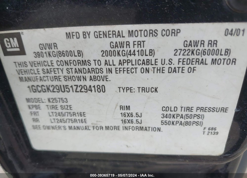 2001 CHEVROLET SILVERADO 2500 LS VIN: 1GCGK29U51Z294180