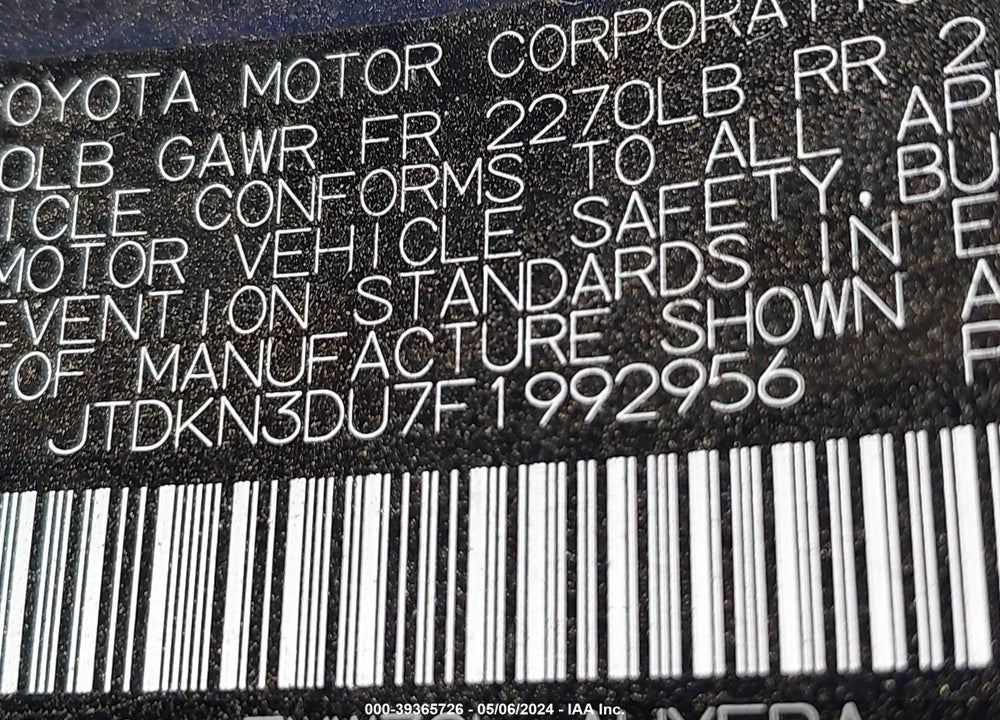 2015 TOYOTA PRIUS TWO VIN: JTDKN3DU7F1992956
