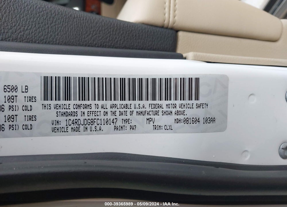 2015 DODGE DURANGO LIMITED VIN: 1C4RDJDG8FC110147
