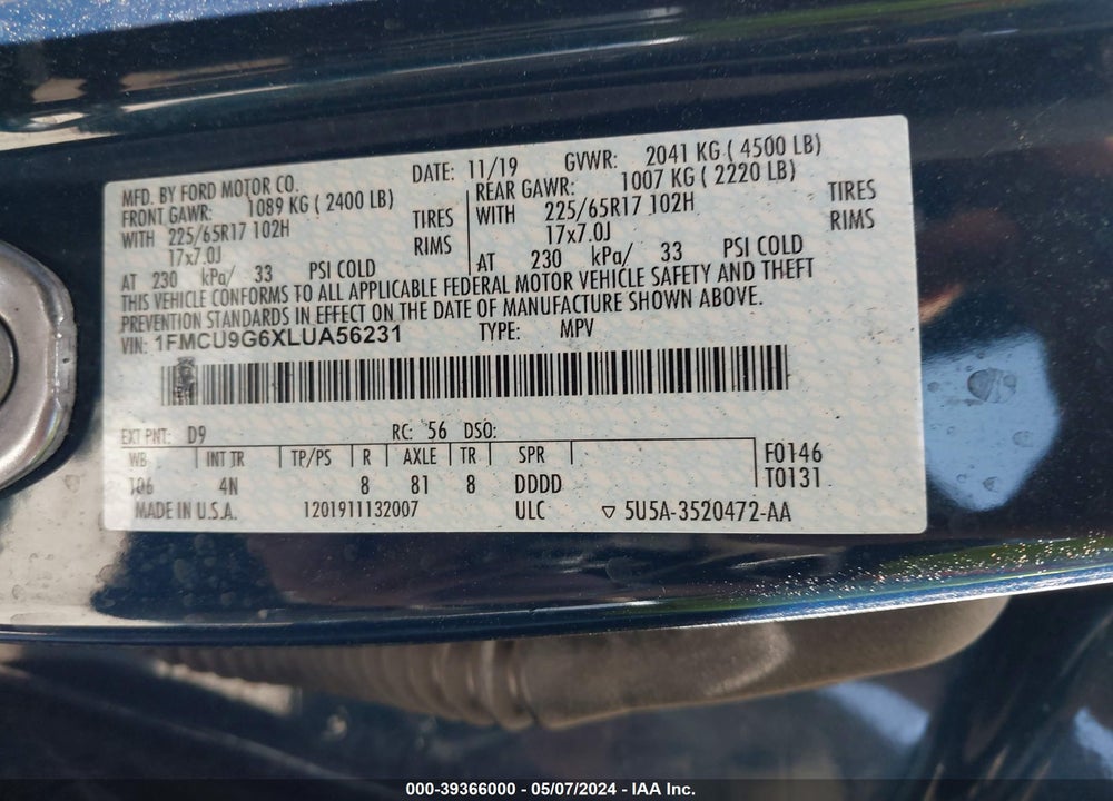 2020 FORD ESCAPE SE VIN: 1FMCU9G6XLUA56231