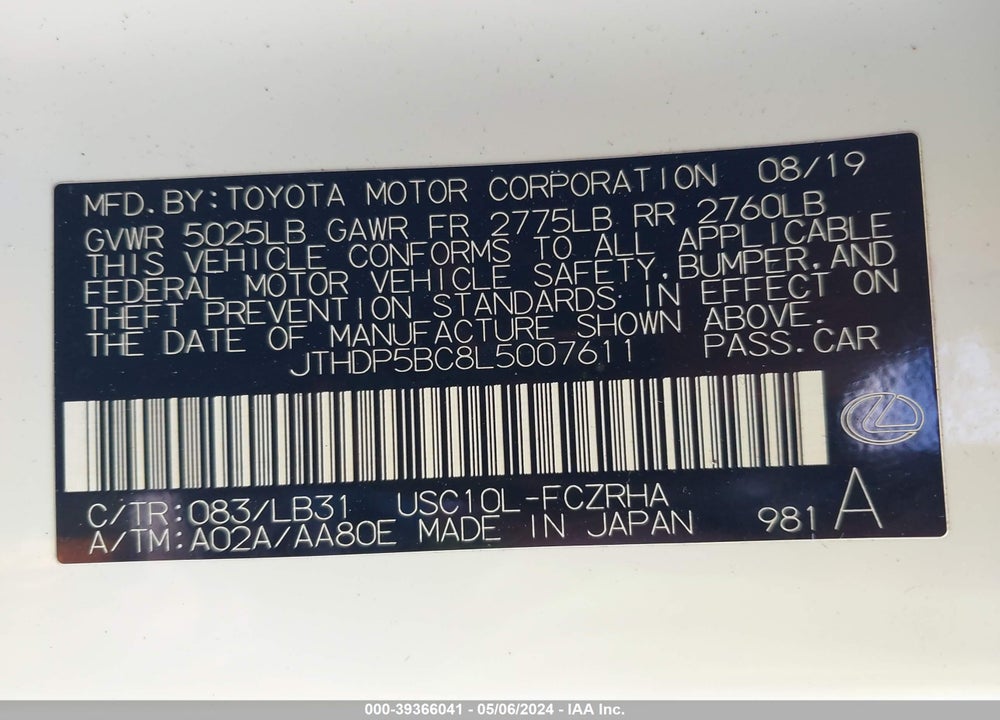 2020 LEXUS RC-F VIN: JTHDP5BC8L5007611