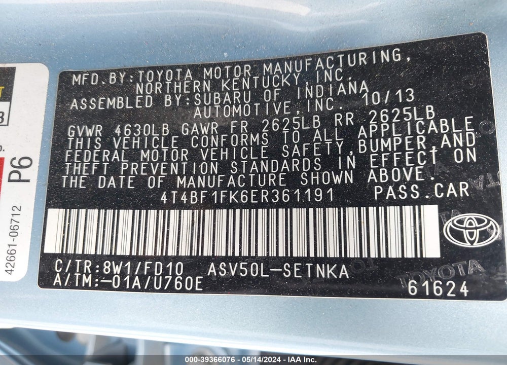 2014 TOYOTA CAMRY LE VIN: 4T4BF1FK6ER361191