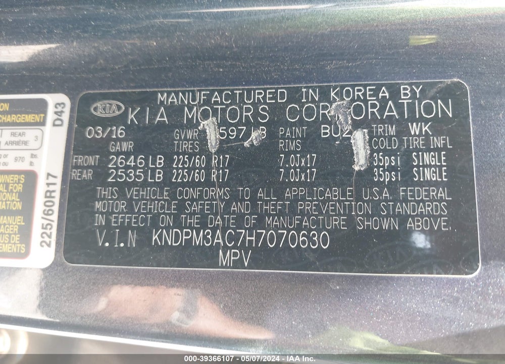 2017 KIA SPORTAGE LX VIN: KNDPM3AC7H7070630