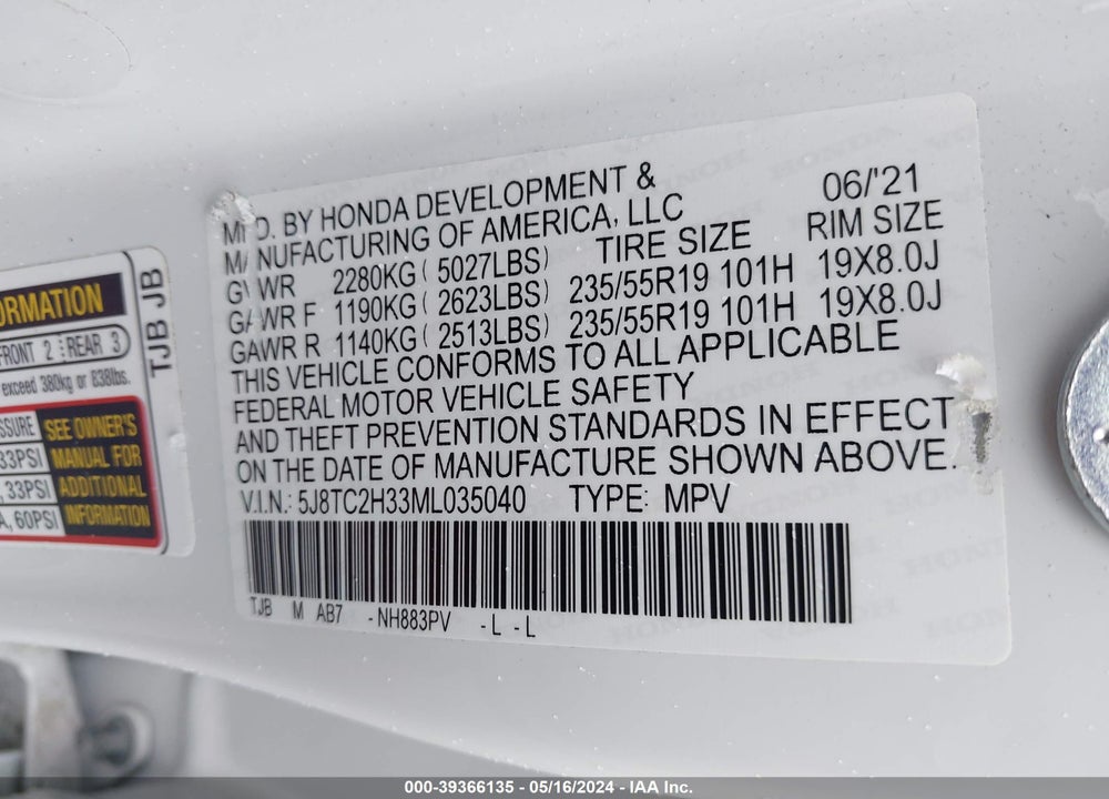 2021 ACURA RDX STANDARD VIN: 5J8TC2H33ML035040
