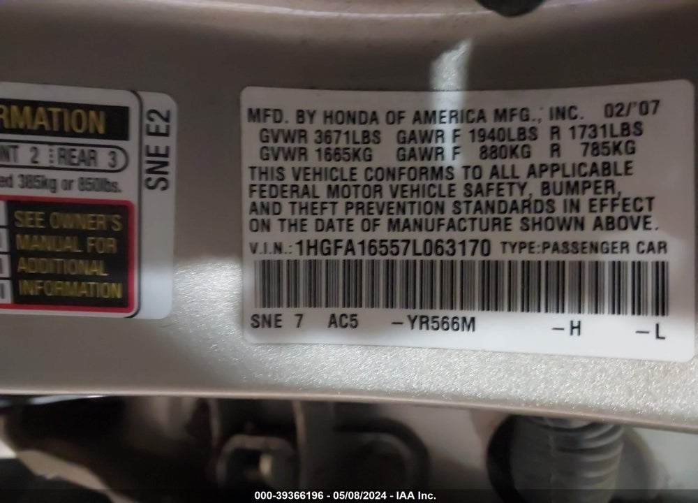 2007 HONDA CIVIC LX VIN: 1HGFA16557L063170
