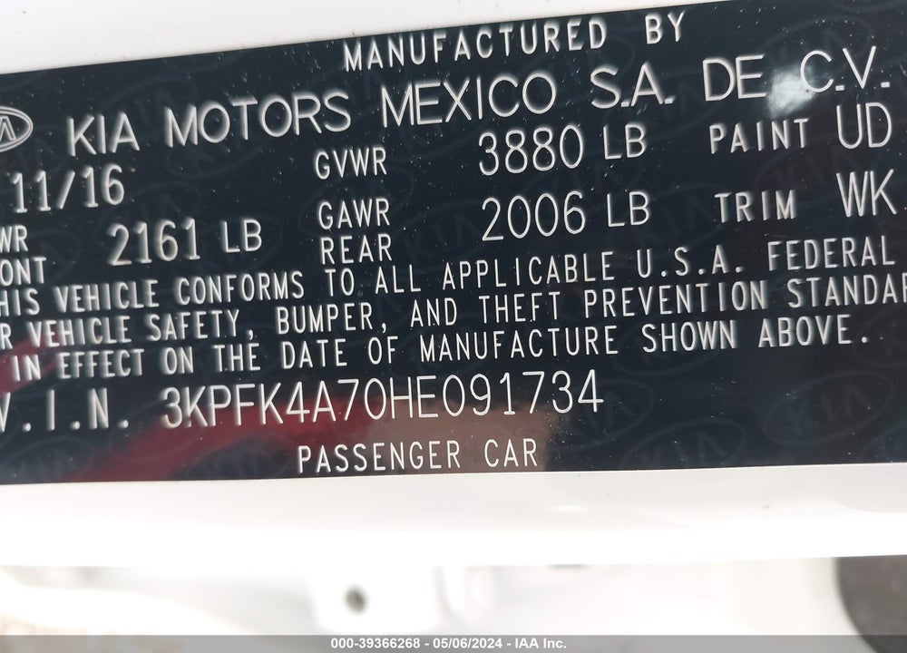 2017 KIA FORTE LX VIN: 3KPFK4A70HE091734