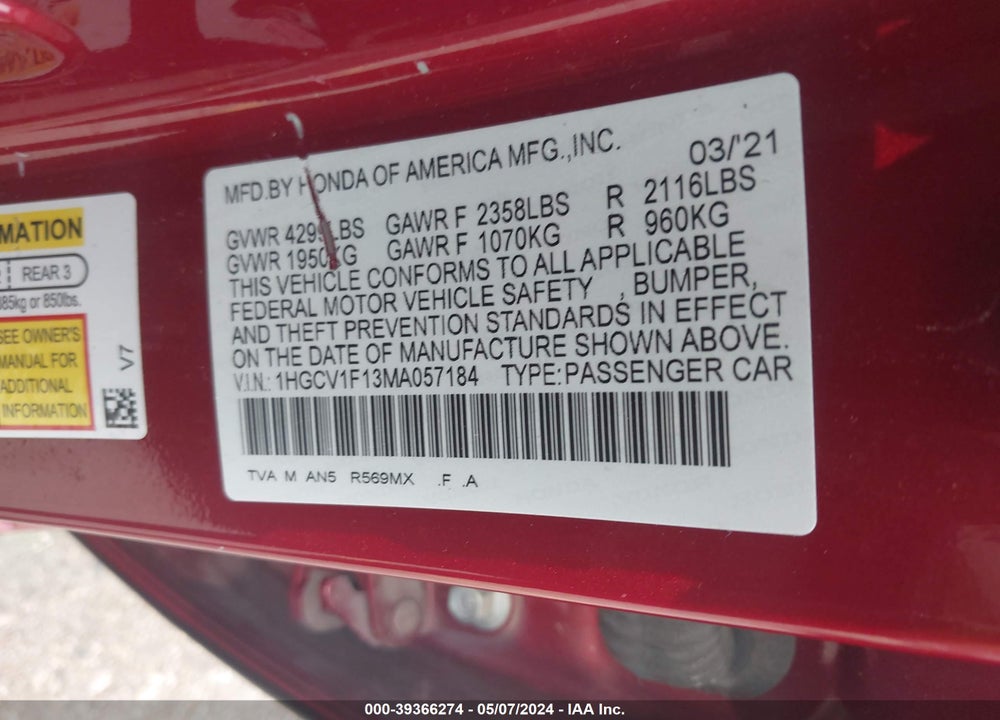 2021 HONDA ACCORD LX VIN: 1HGCV1F13MA057184