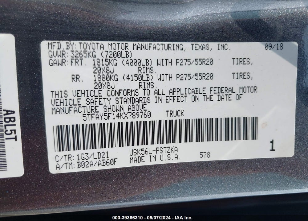 2019 TOYOTA TUNDRA CREWMAX 1794/CREWMAX PLATINUM VIN: 5TFAY5F14KX789760