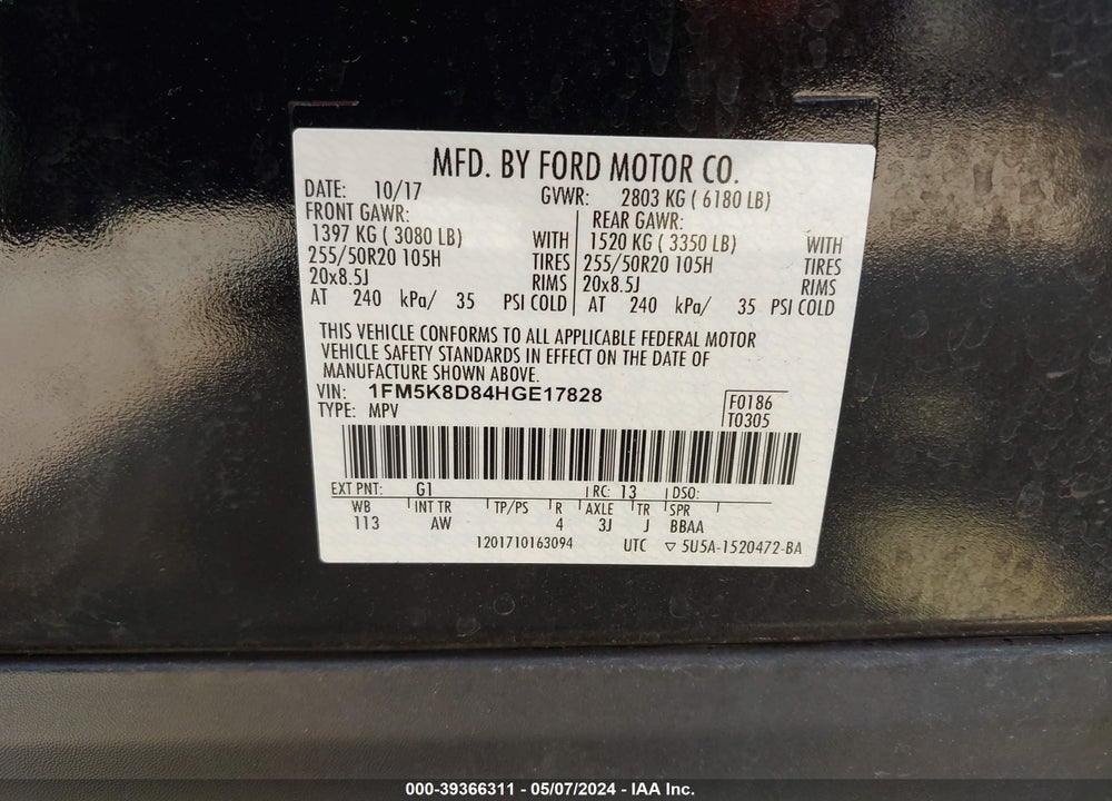 2017 FORD EXPLORER XLT VIN: 1FM5K8D84HGE17828