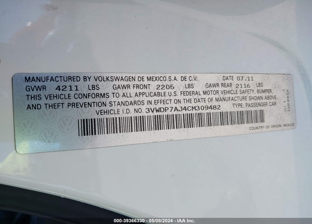 2012 VOLKSWAGEN JETTA 2.5L SE VIN: 3VWDP7AJ4CM309482