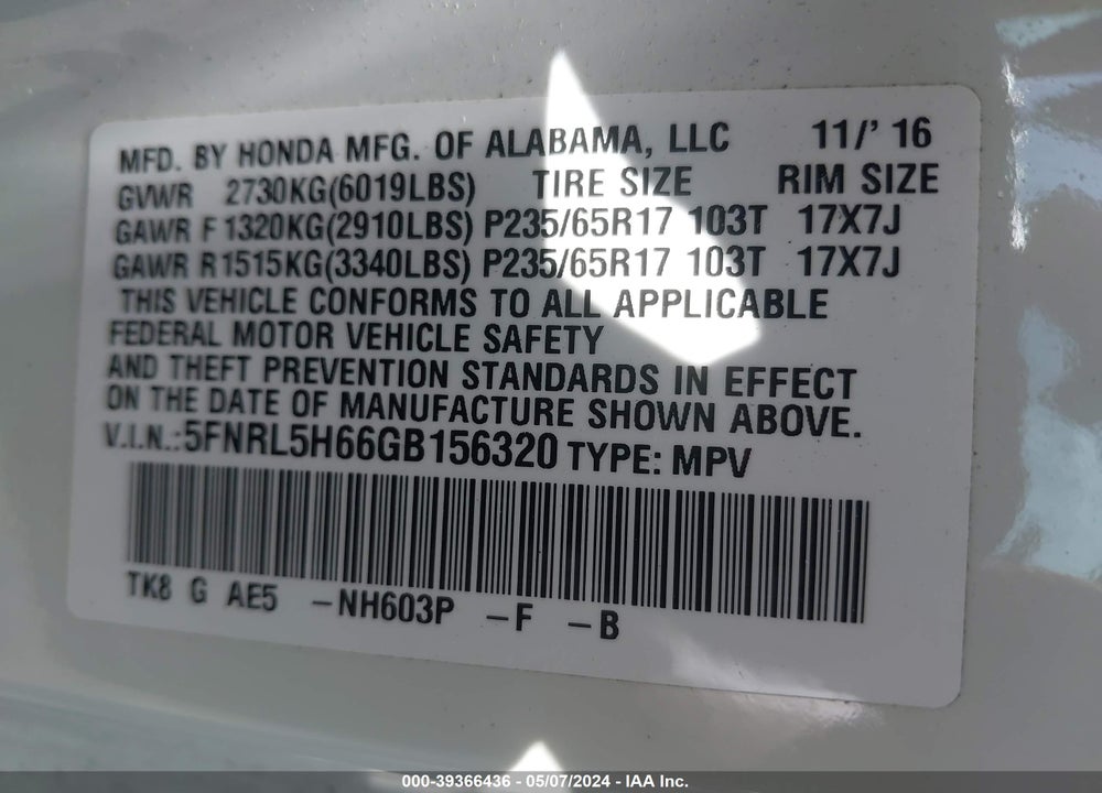2016 HONDA ODYSSEY EX-L VIN: 5FNRL5H66GB156320