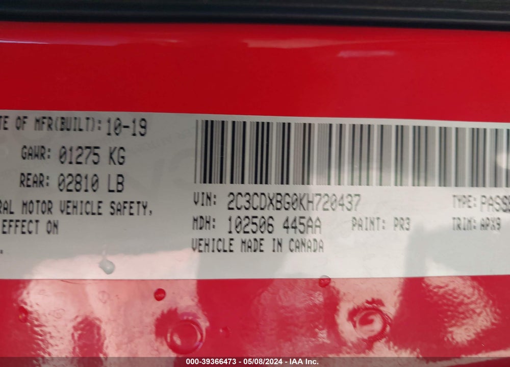 2019 DODGE CHARGER SXT RWD VIN: 2C3CDXBG0KH720437