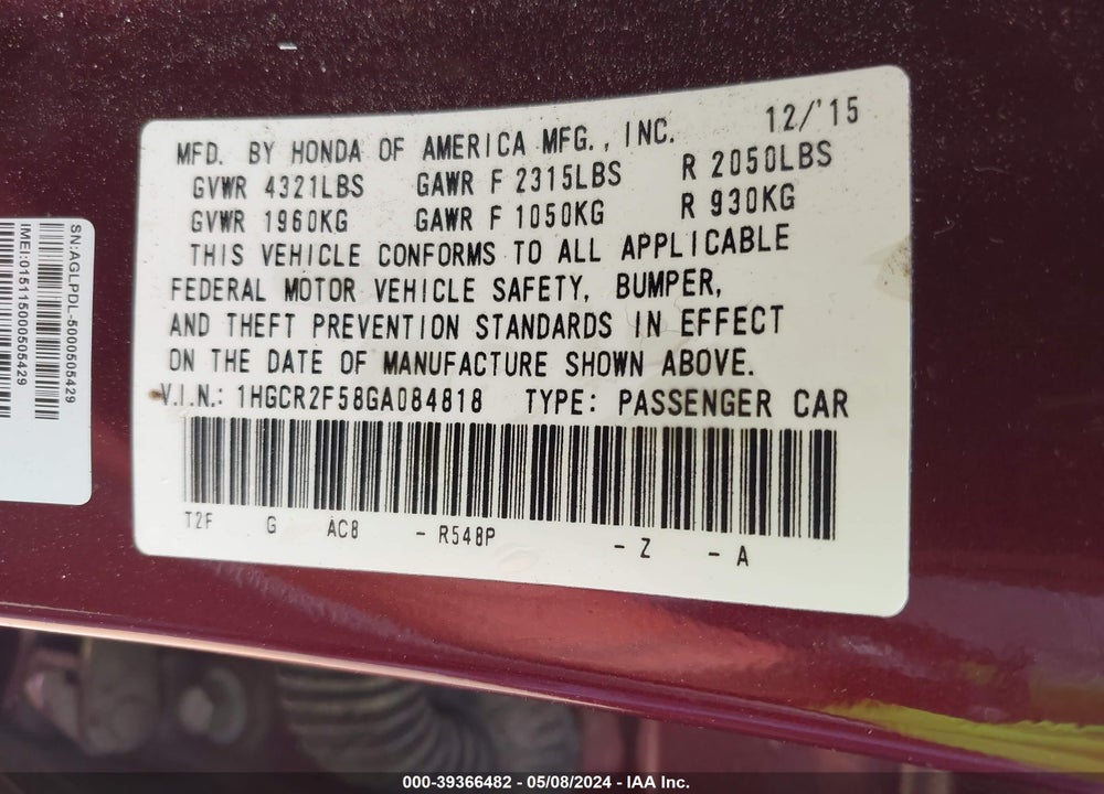 2016 HONDA ACCORD SPORT VIN: 1HGCR2F58GA084818