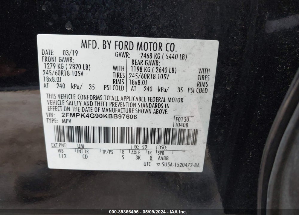 2019 FORD EDGE SE VIN: 2FMPK4G90KBB97608