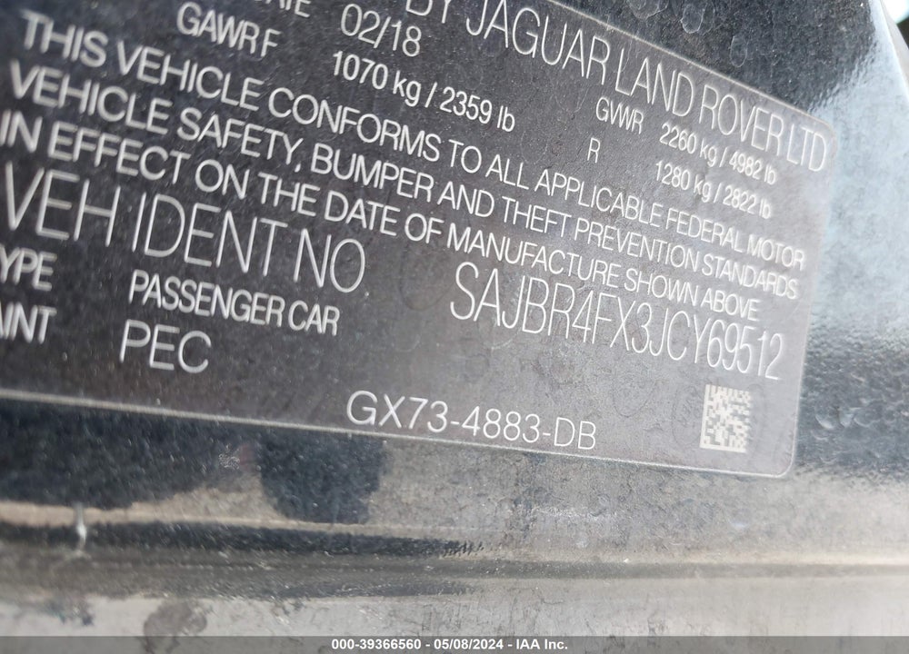 2018 JAGUAR XF 25T VIN: SAJBR4FX3JCY69512
