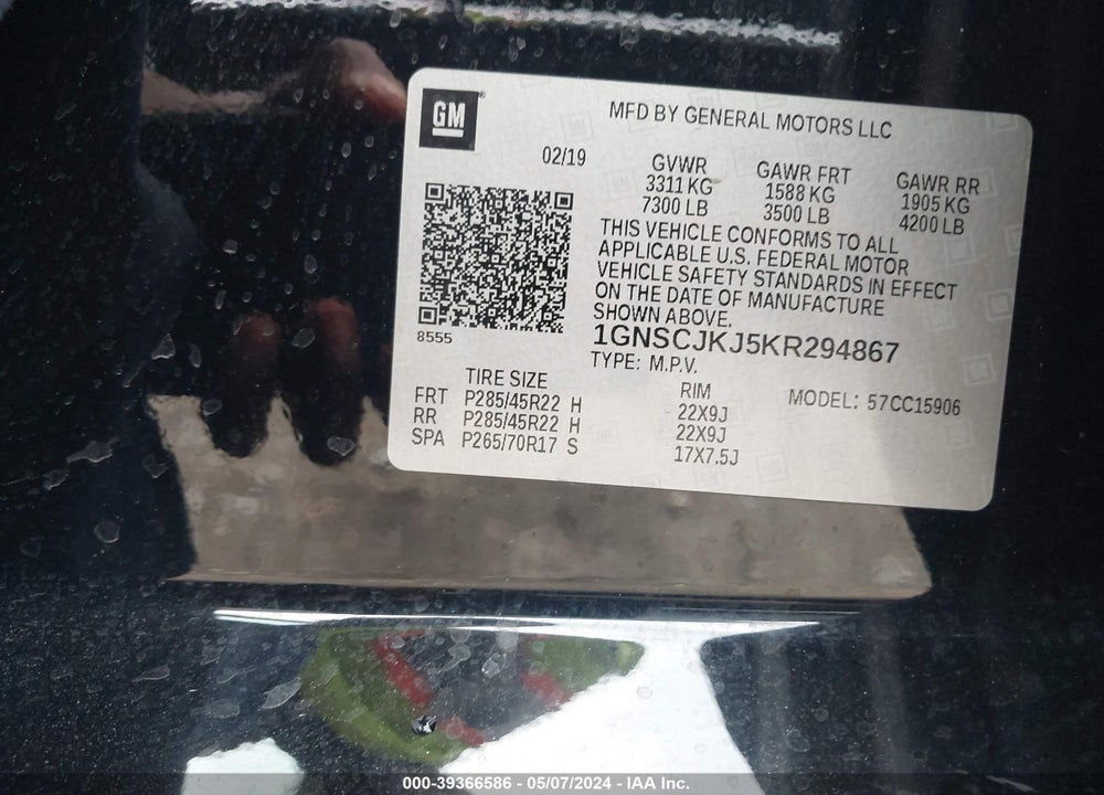 2019 CHEVROLET SUBURBAN PREMIER VIN: 1GNSCJKJ5KR294867