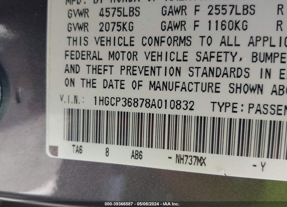 2008 HONDA ACCORD VIN: 1HGCP36878A010832