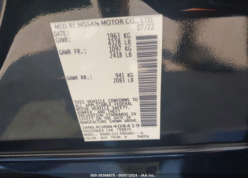 2022 NISSAN ALTIMA SR FWD VIN: 1N4BL4CV6NN408419