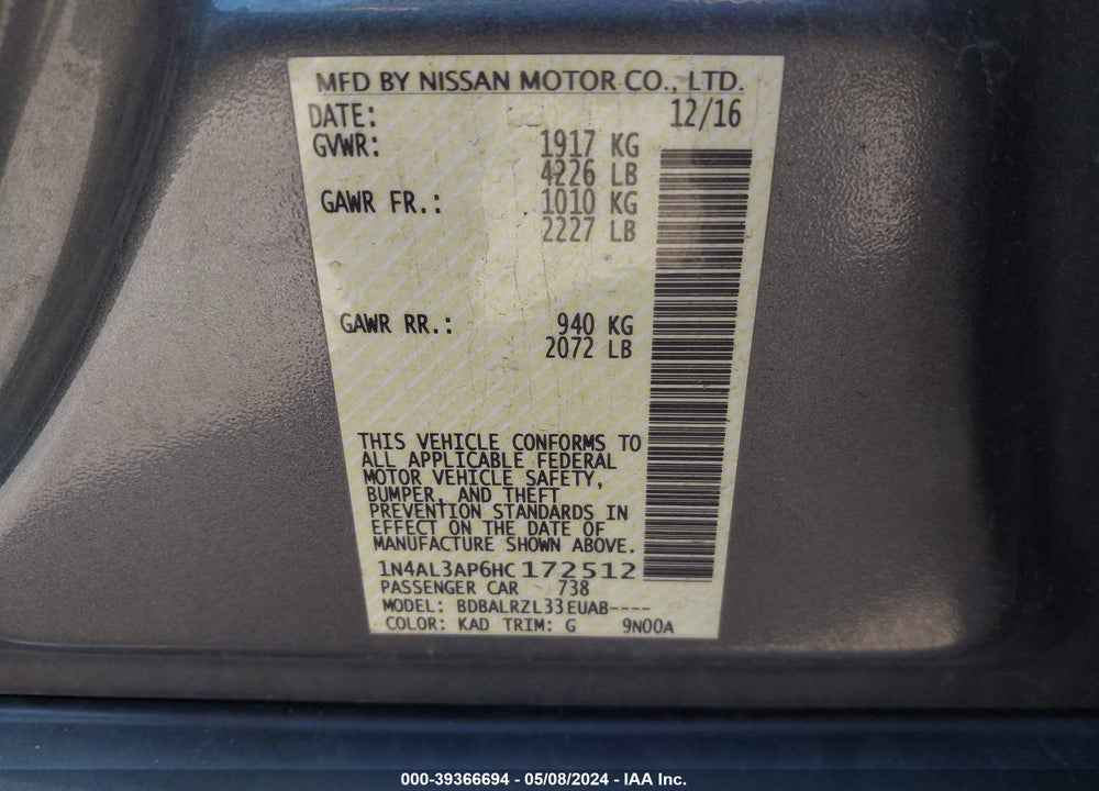 2017 NISSAN ALTIMA 2.5 SL VIN: 1N4AL3AP6HC172512