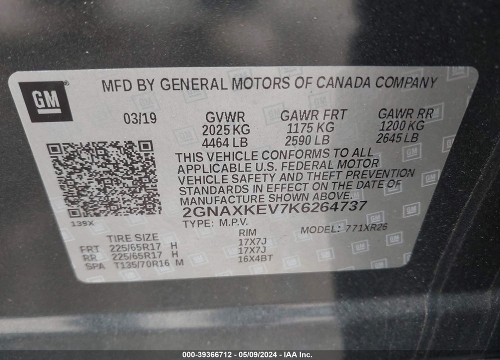 2019 CHEVROLET EQUINOX LT VIN: 2GNAXKEV7K6264737