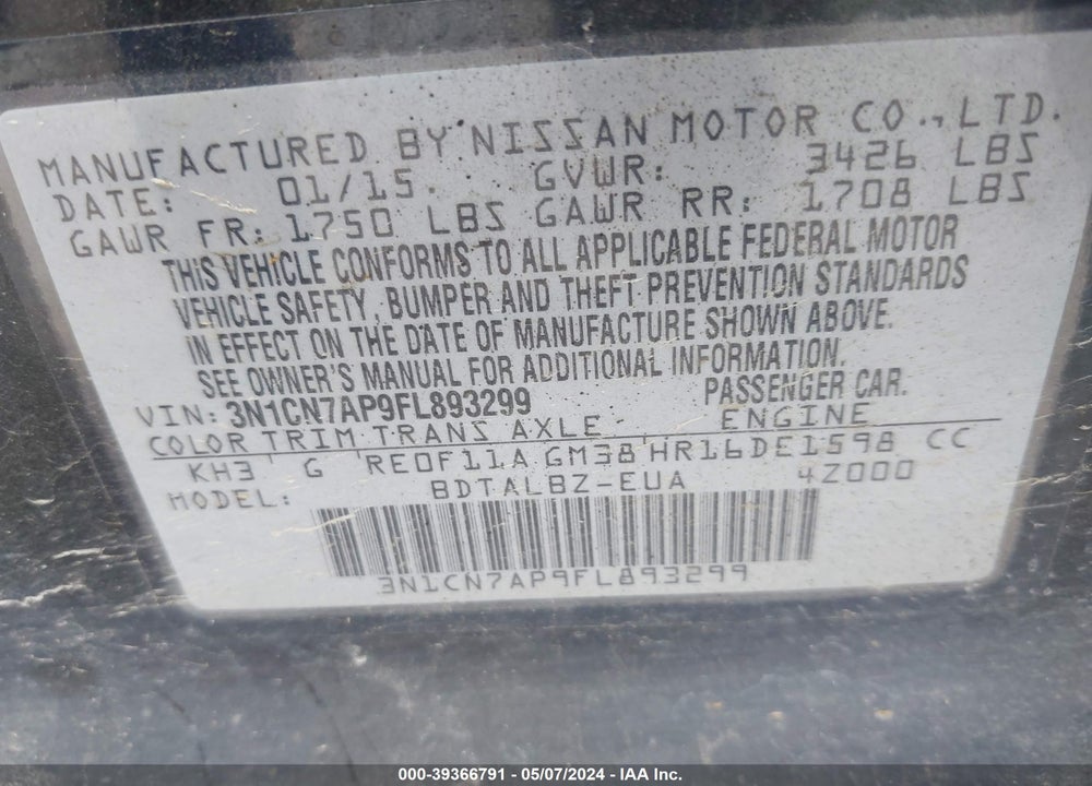 2015 NISSAN VERSA 1.6 SV VIN: 3N1CN7AP9FL893299