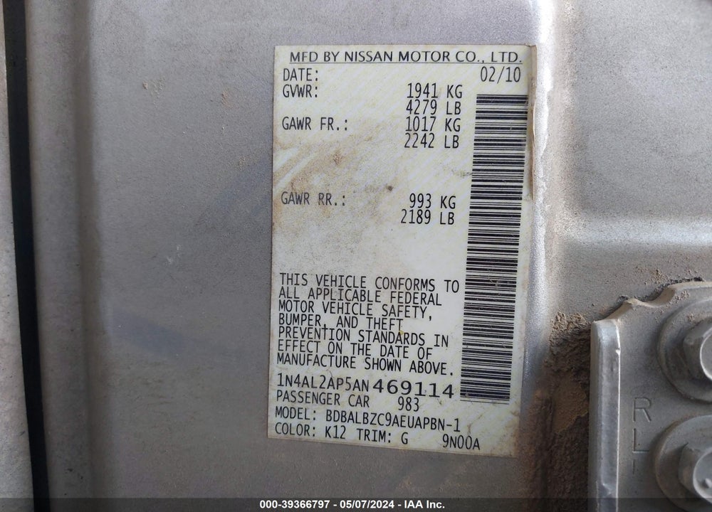 2010 NISSAN ALTIMA 2.5 S VIN: 1N4AL2AP5AN469114