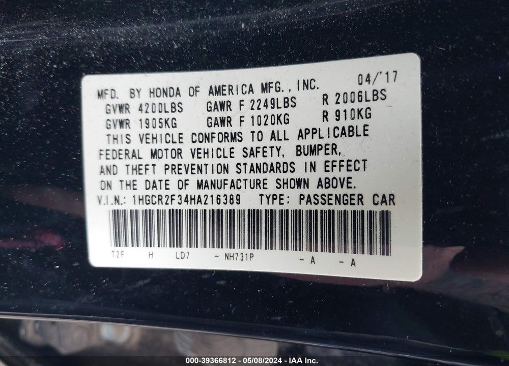 2017 HONDA ACCORD LX VIN: 1HGCR2F34HA216389