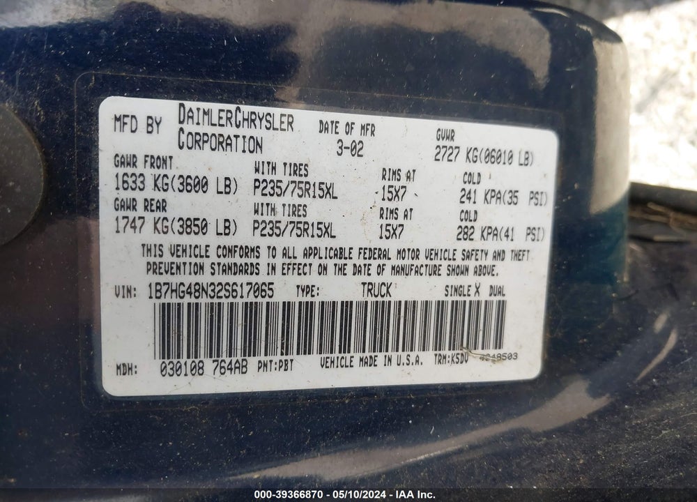 2002 DODGE DAKOTA SLT VIN: 1B7HG48N32S617065