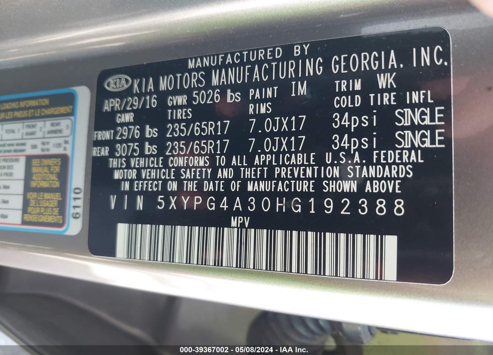 2017 KIA SORENTO 2.4L L VIN: 5XYPG4A30HG192388